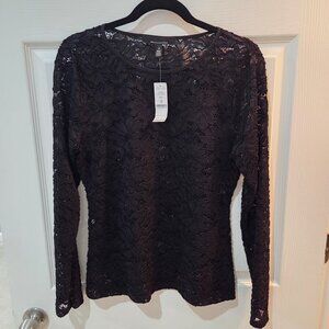 WHBM Black Lace Crew Neck Top, Size M